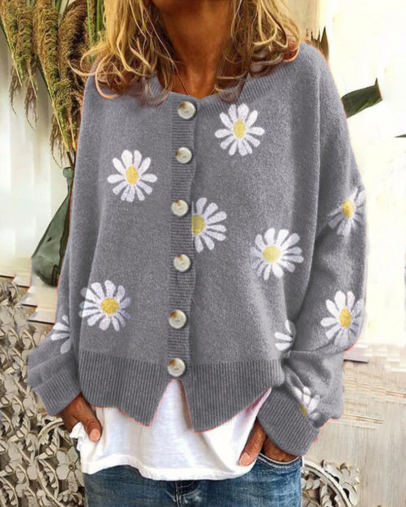 Streetwave Floral Cotton Cardigan For Women With Daisy Print Cozy Spring Knitwear