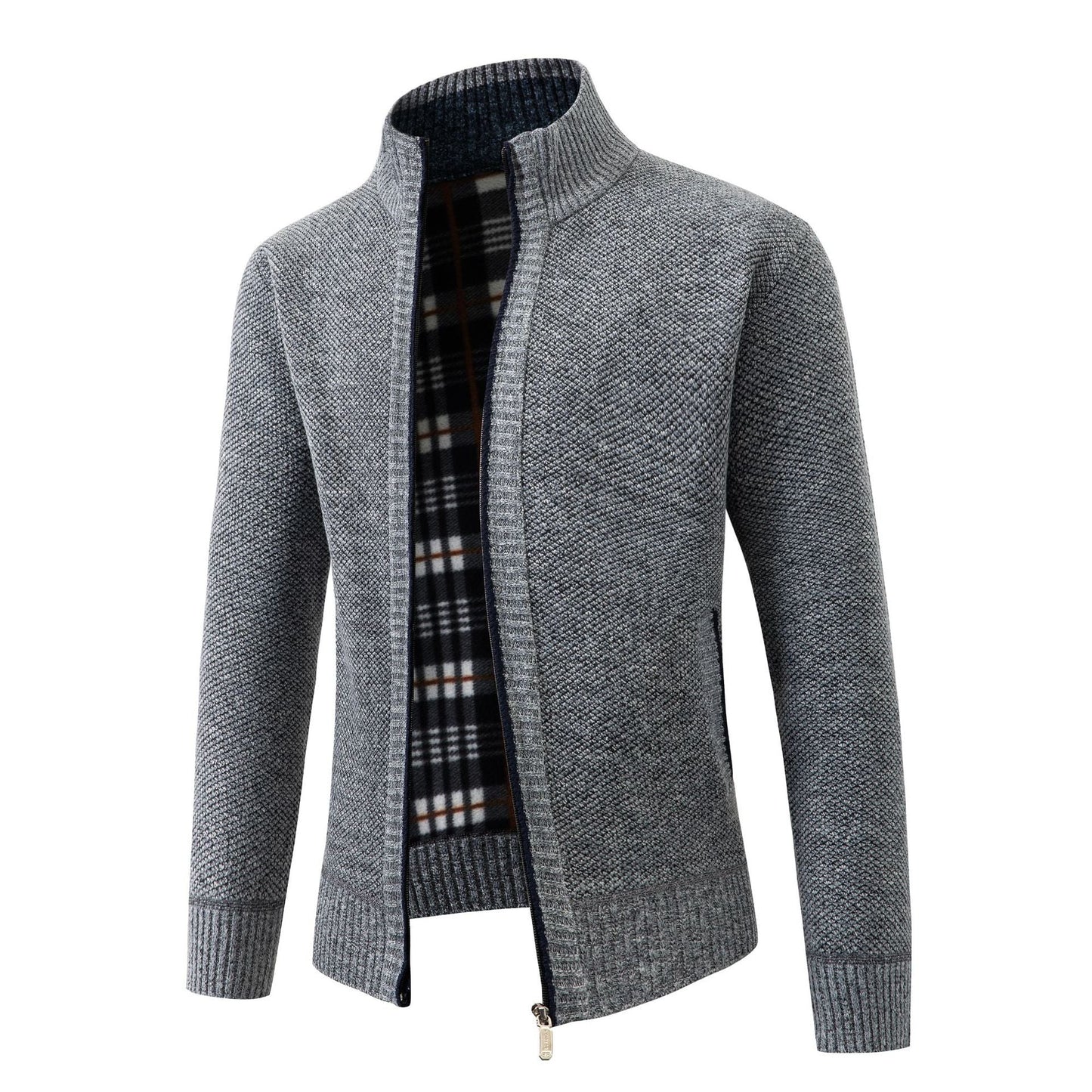 Street Wave Mens Knit Cardigan With Modern Stand Collar And Soft Inner Plaid Lining For Everyday Style
