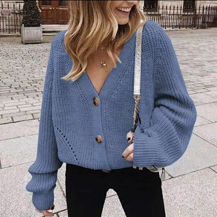 Street-wave Womens Cardigan With Deep V-Neck And Decorative Buttons For Everyday Wear