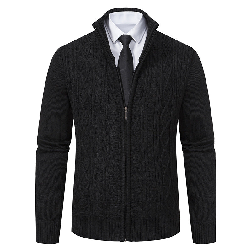 Street Wave Mens Knit Cardigan With High Collar Zip Front Premium Cotton Blend Modern Style
