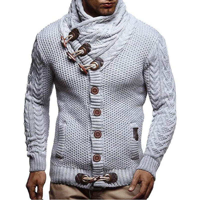 Street-wave Men's Knit Cardigan With Asymmetric Collar And Rustic Wood Button Details