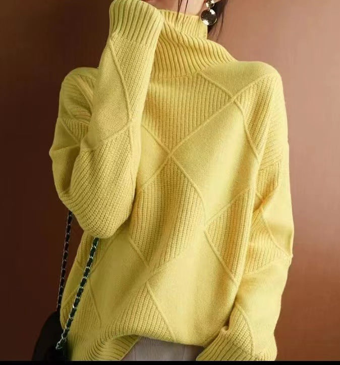 Street Wave Womens Cozy Chunky Knit Sweater With Roll Neck And Textured Diamond Pattern