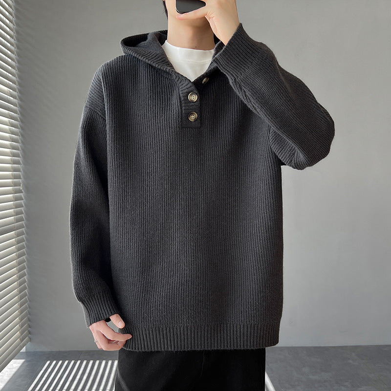 Street Wave Mens Knit Pullover With Button Placket And Hood For Casual Everyday Style Comfort And Cozy