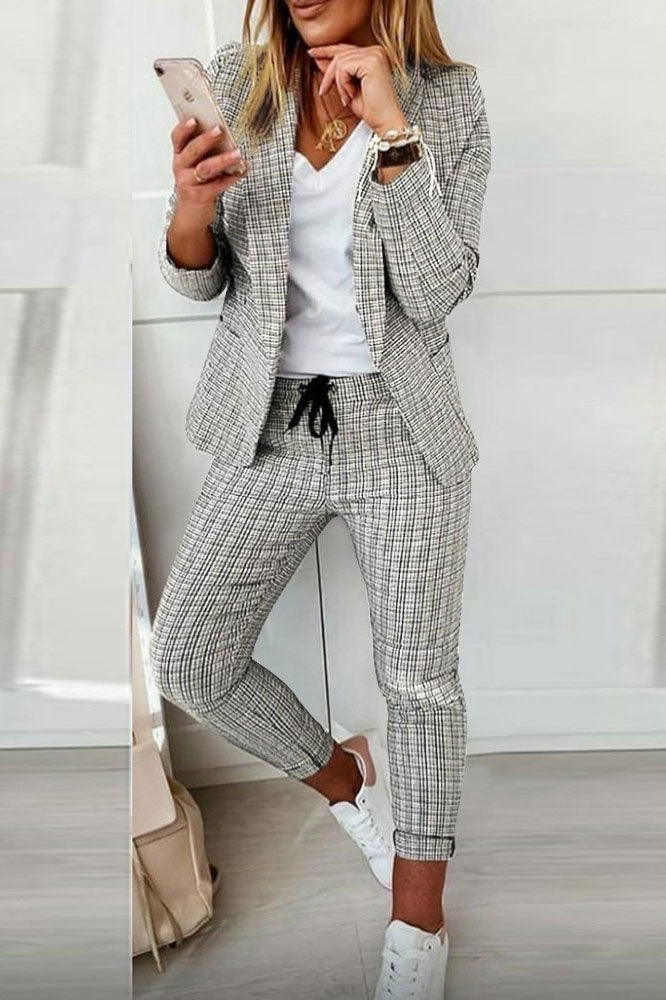 Street-Wave Women Checkered Blazer Set With Matching Trousers Versatile Office To Evening Wear