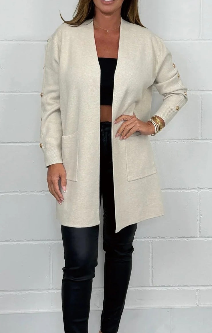 Street-wave Womens Elegant Knit Cardigan With Button Details And Pockets Timeless Chic Outerwear