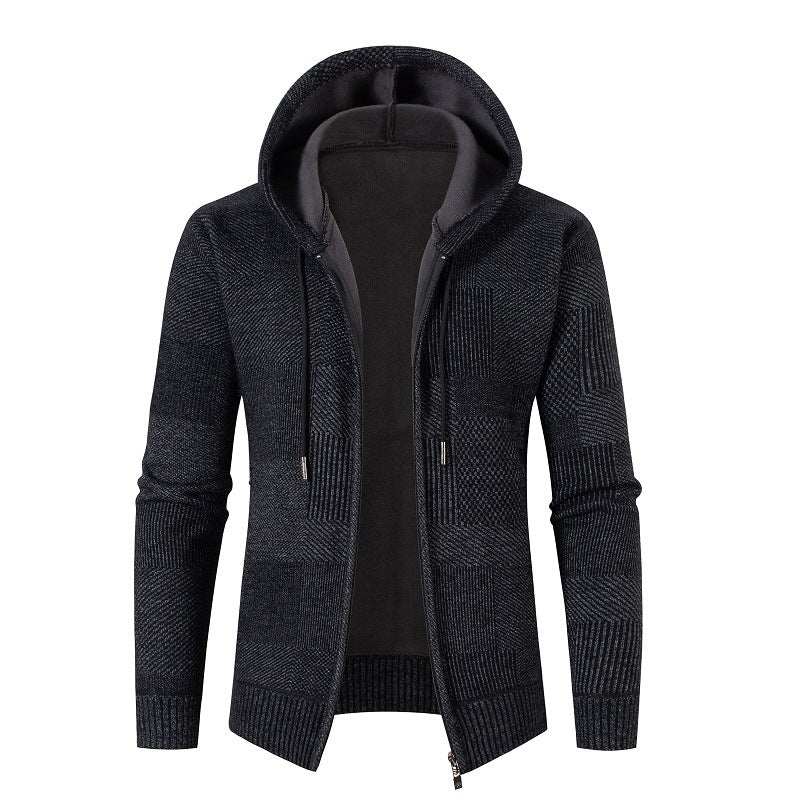 Street-wave Men's Knit Cardigan With Lined Hood And Waffle Pattern For Everyday Cozy Wear