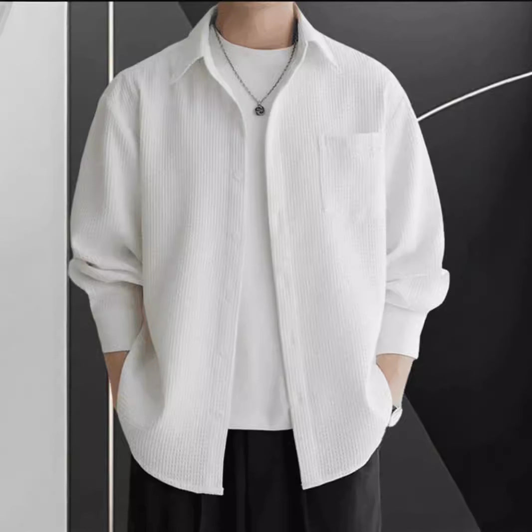 Men's Waffle Knit Shirt With Oversized Fit Long Sleeve Button Closure Casual Style For Everyday Wear