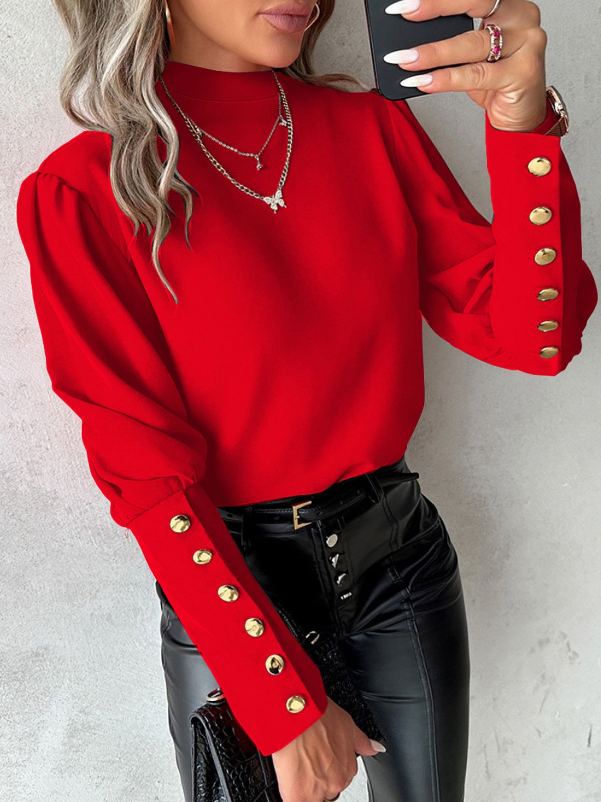 Street-Wave Elegant Puff Sleeve Blouse With Gold Button Details And High Neck For Women Chic Office Essential