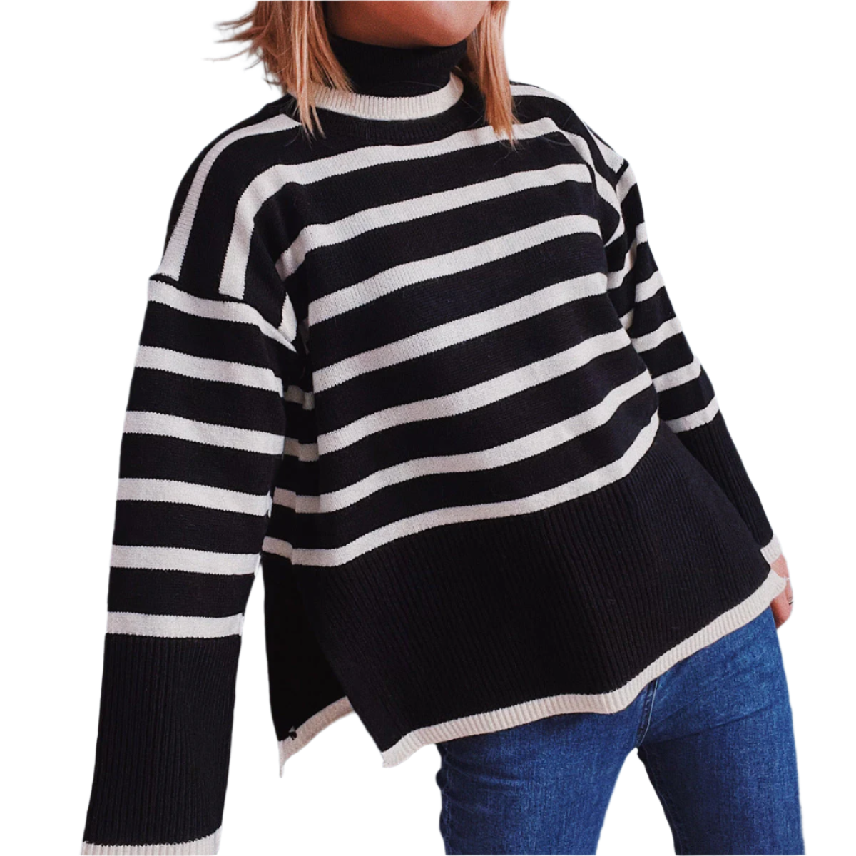 Striped Knit Pullover Streetwave Womens Sweater Cozy Warmth High Collar Relaxed Fit Casual Everyday Wear