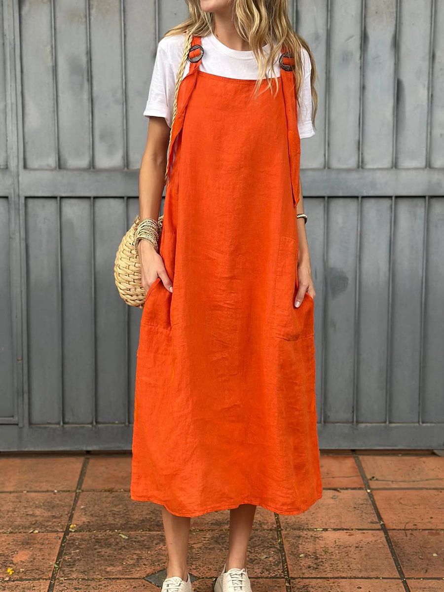 Streetwave Linen Strap Dress With Two Front Pockets For Women Breathable Casual Midi Summer