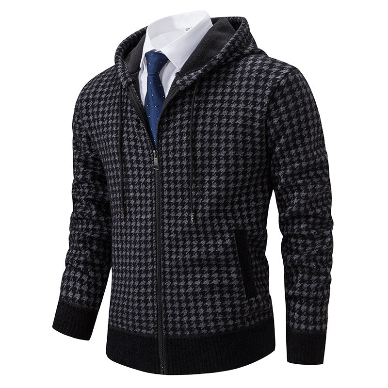 Street-wave Men's Hooded Knit Pullover With Classic Houndstooth Pattern Cozy Warmth