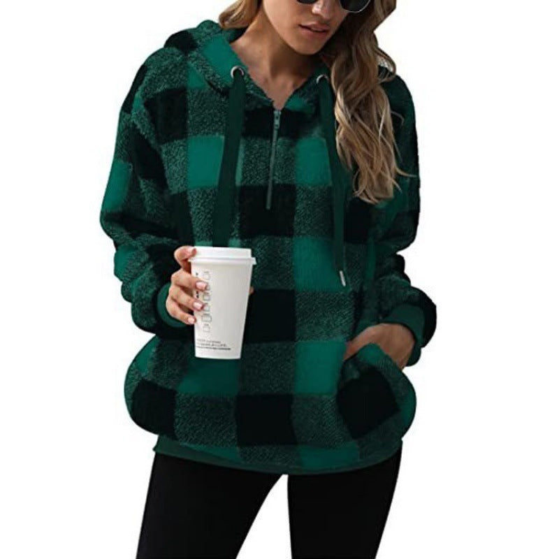 Street-wave Cozy Fleece Hoodie for Women Pink Plaid Warmth and Soft Comfort Everyday Wear