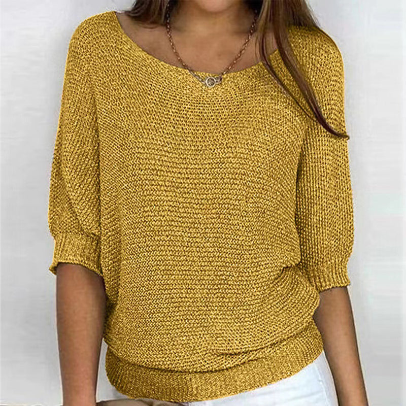 Street-wave Solid Color Knit Pullover for Women with Three-Quarter Sleeves, Cotton-Acrylic Blend
