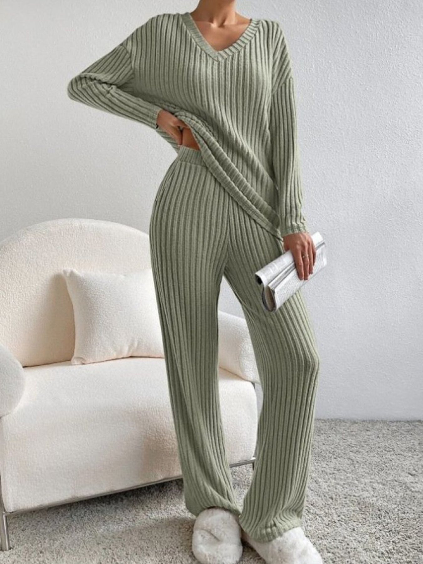 Street-Wave Womens Ribbed Lounge Set Ultra Cozy 2-Piece With Oversized Top And Pants
