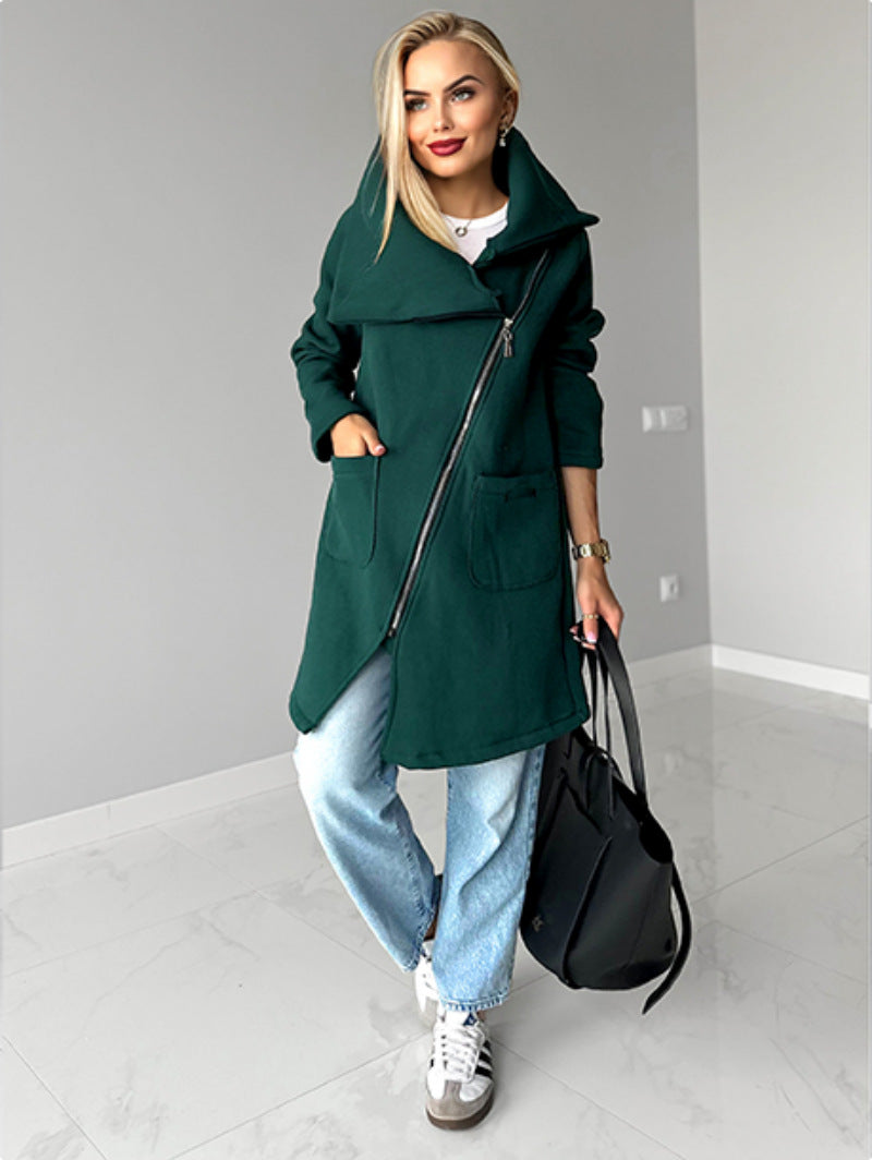Street-wave Fleece Jacket With Diagonal Zip And Revers Collar Mid Length For Women Cozy Warm Outerwear