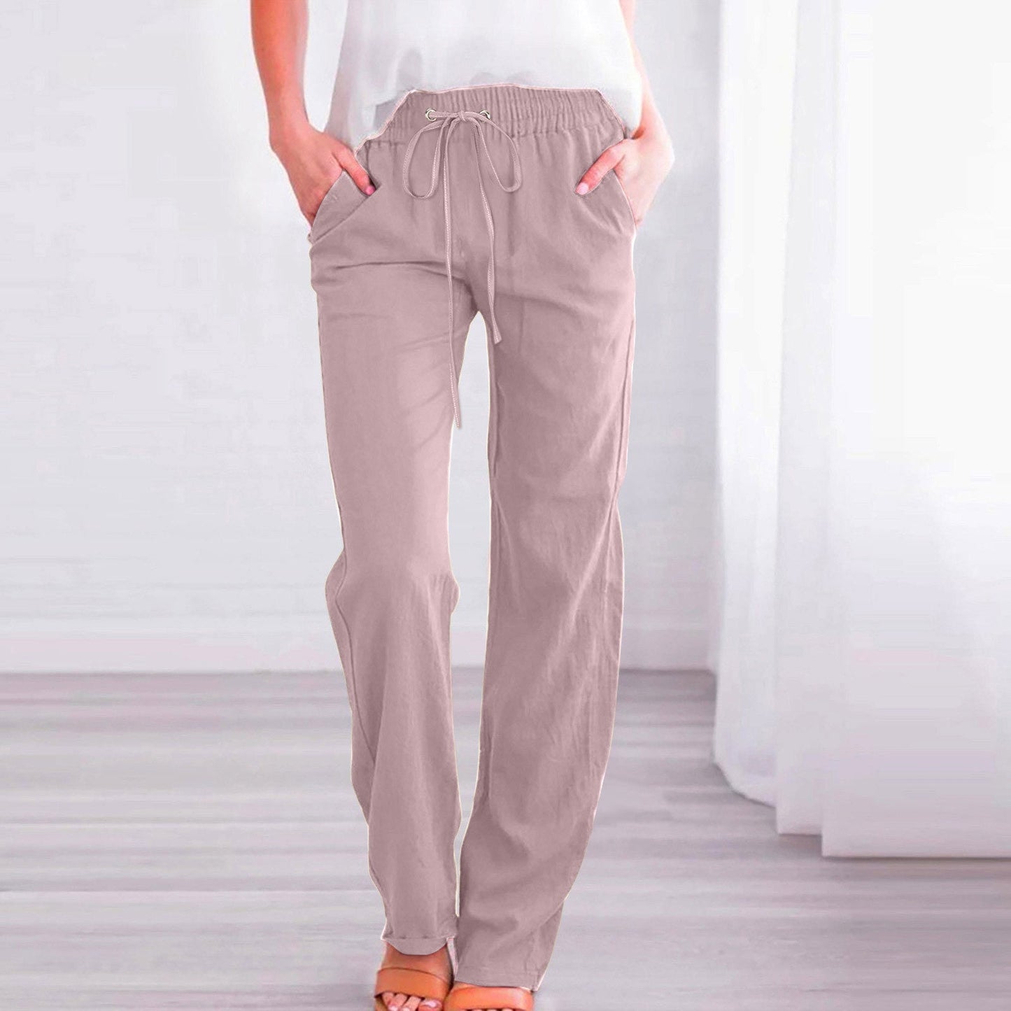 Streetwave Women's Linen Pants With Elastic Waistband And Pockets For All Day Comfort