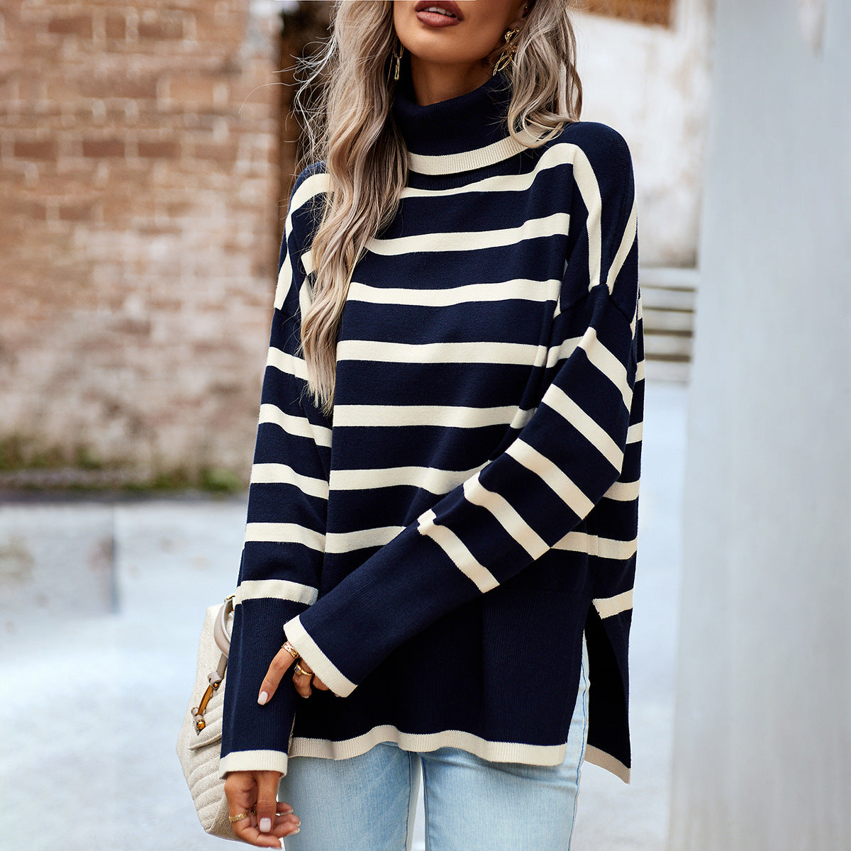 Street-wave Striped Turtleneck Winter Sweater For Women Cozy Warmth And Effortless Everyday Style