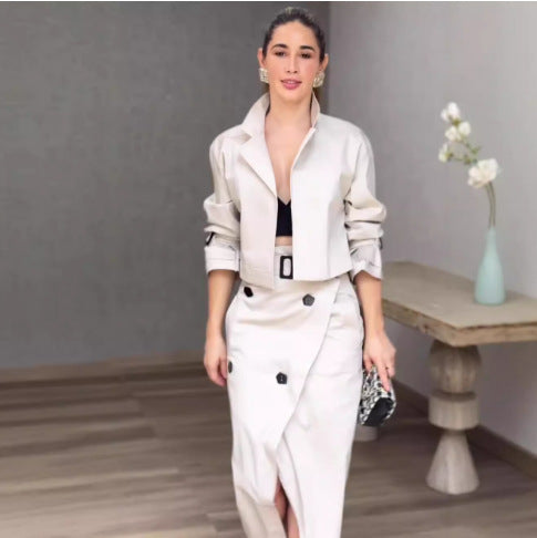 Street-Wave Womens Jacket And Skirt Set Elegant Trench Style With Breathable Comfort For Everyday Wear