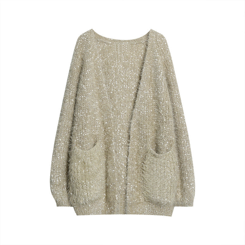 Street-Wave Glitter Knit Cardigan for Women, Modern Casual Look, Cozy Sparkle Shine