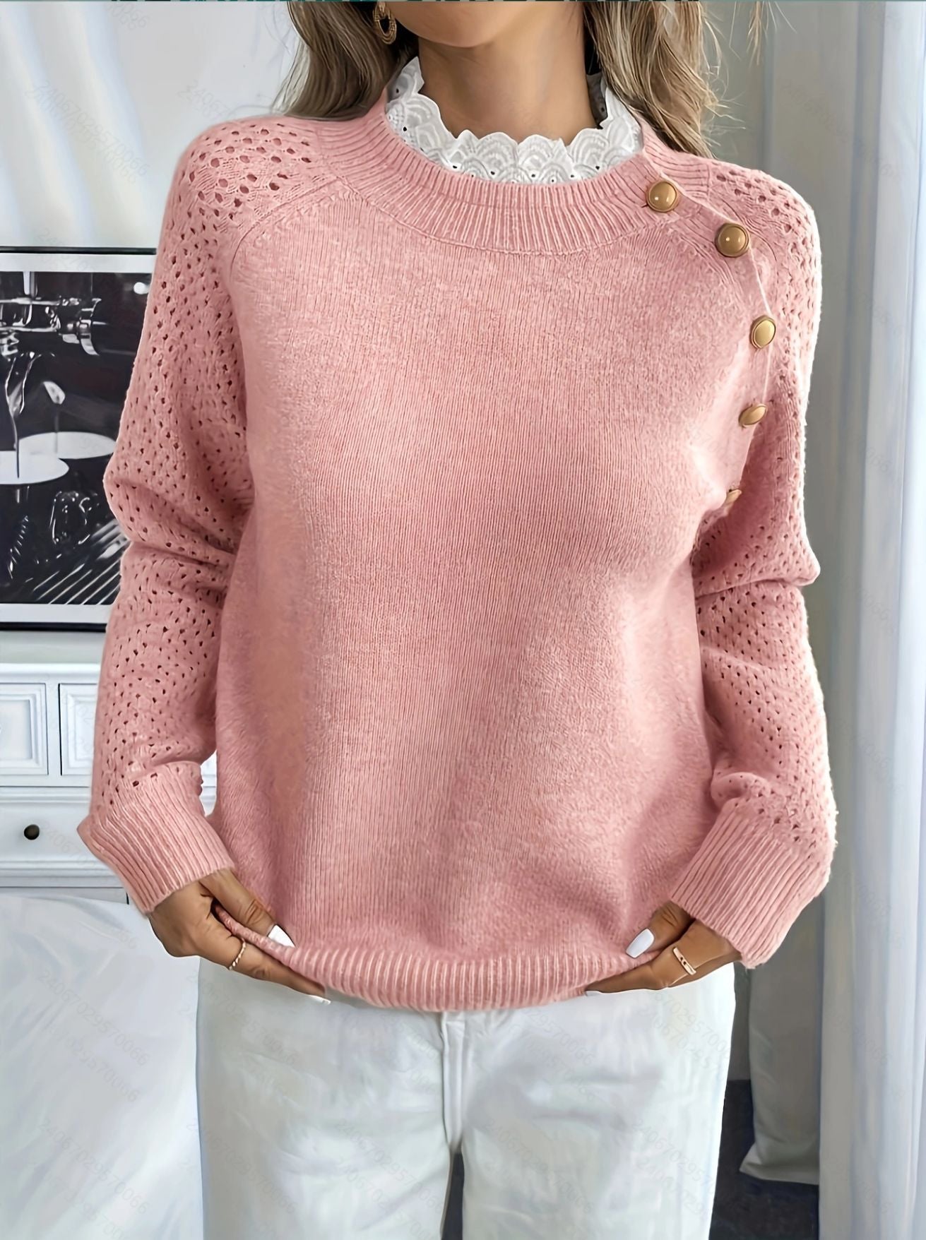 Street-wave Womens Knit Sweater With Button Shoulder Details And Eyelet Sleeves
