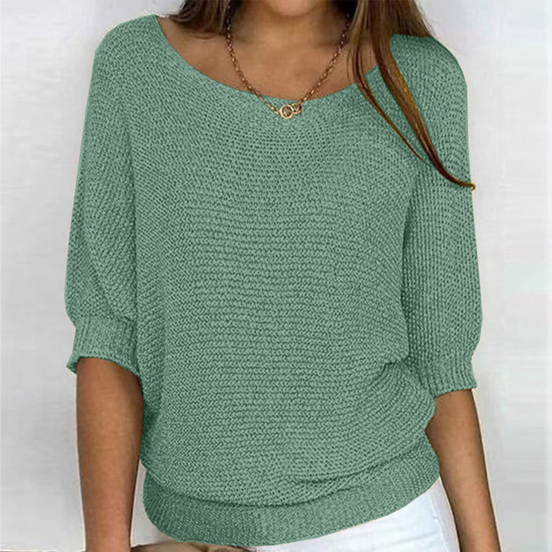 Street-wave Solid Color Knit Pullover for Women with Three-Quarter Sleeves, Cotton-Acrylic Blend