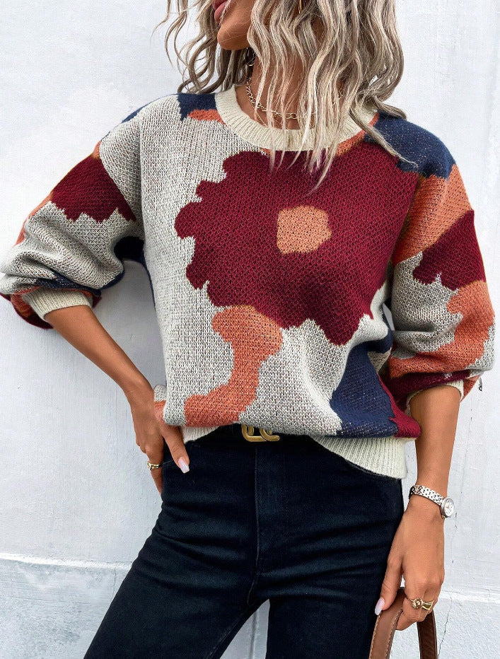 Street-wave Patterned Balloon Sleeve Knit Sweater Bold Relaxed Fit Round Neck For Women