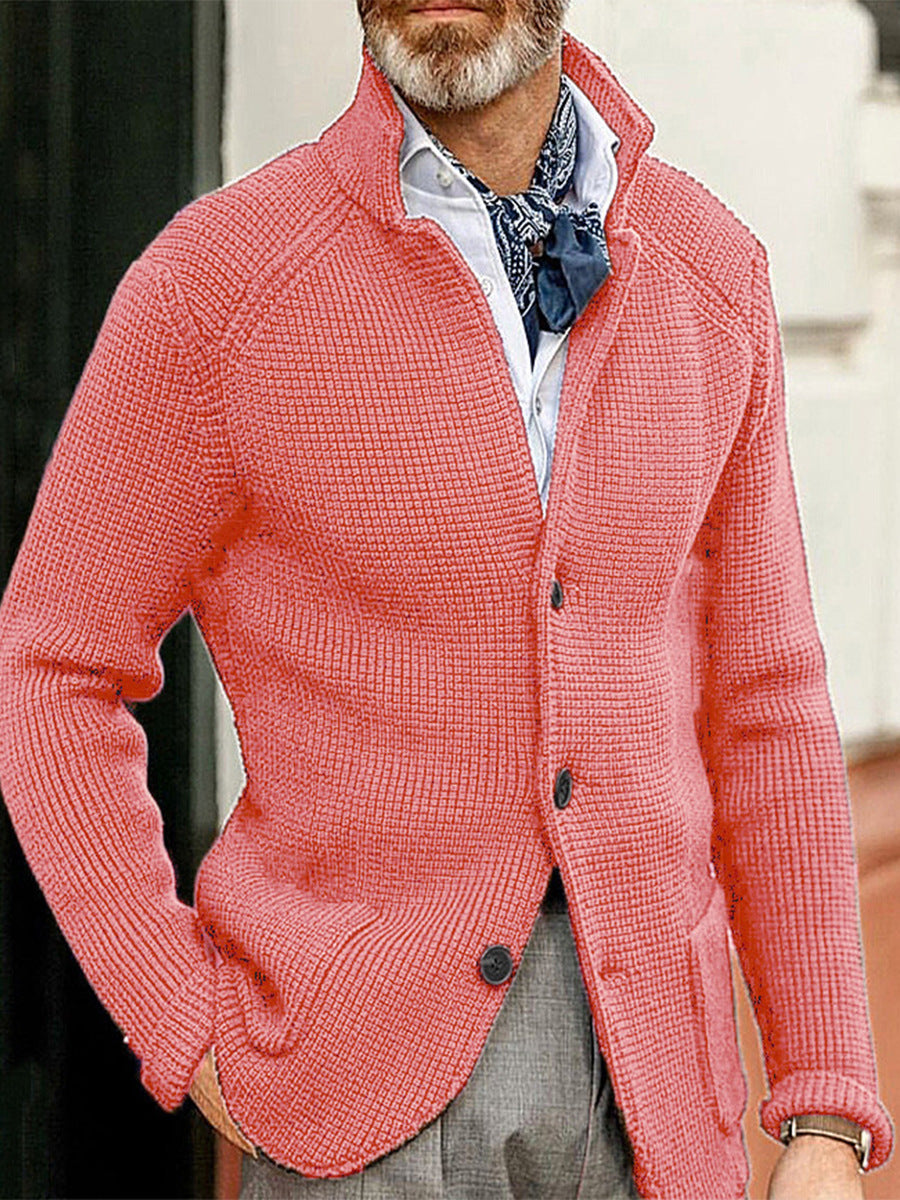 Nordisk Flair Men's Cardigan Slim Fit Textured Knit Stand Collar Long Sleeve Patch Pockets Layering