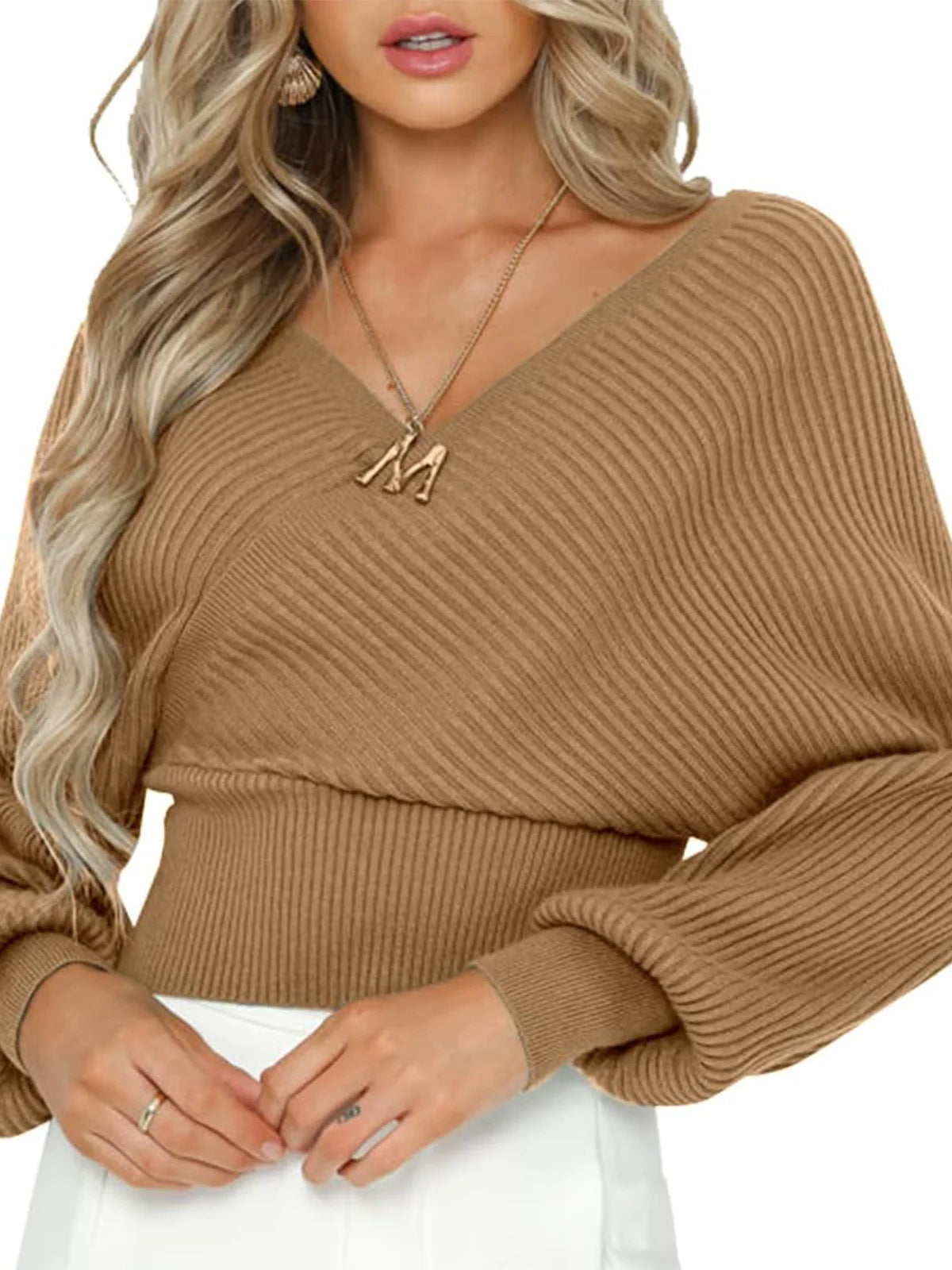 Streetwave Women V Neck Knit Pullover With Wide Sleeves Ribbed Texture Cozy Everyday Wear