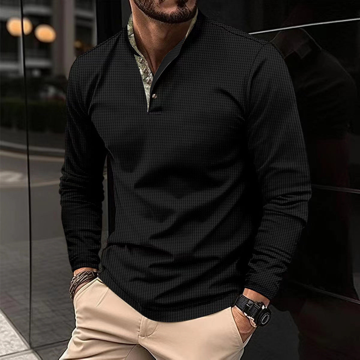 Streetwave Mens Long Sleeve Shirt With Modern Stand Collar For Smart Casual Wear Breathable Comfort