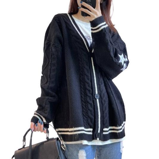 Street-Wave Womens Chunky Cable Knit Cardigan With Star Embellishments For Women Cozy Warmth