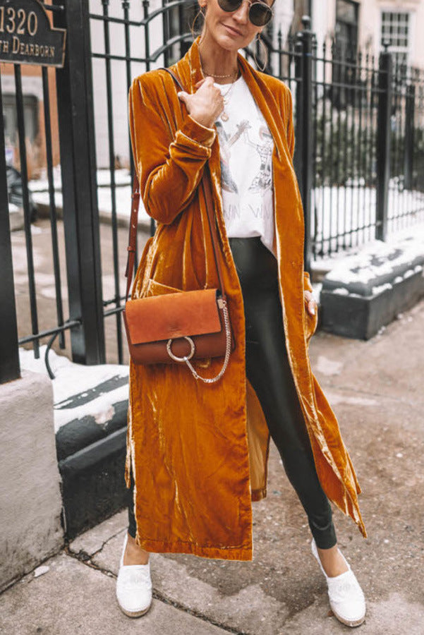 Street Wave Velvet Cardigan Coat For Women Festive Cozy Loose Fit Calf Length Stand Collar
