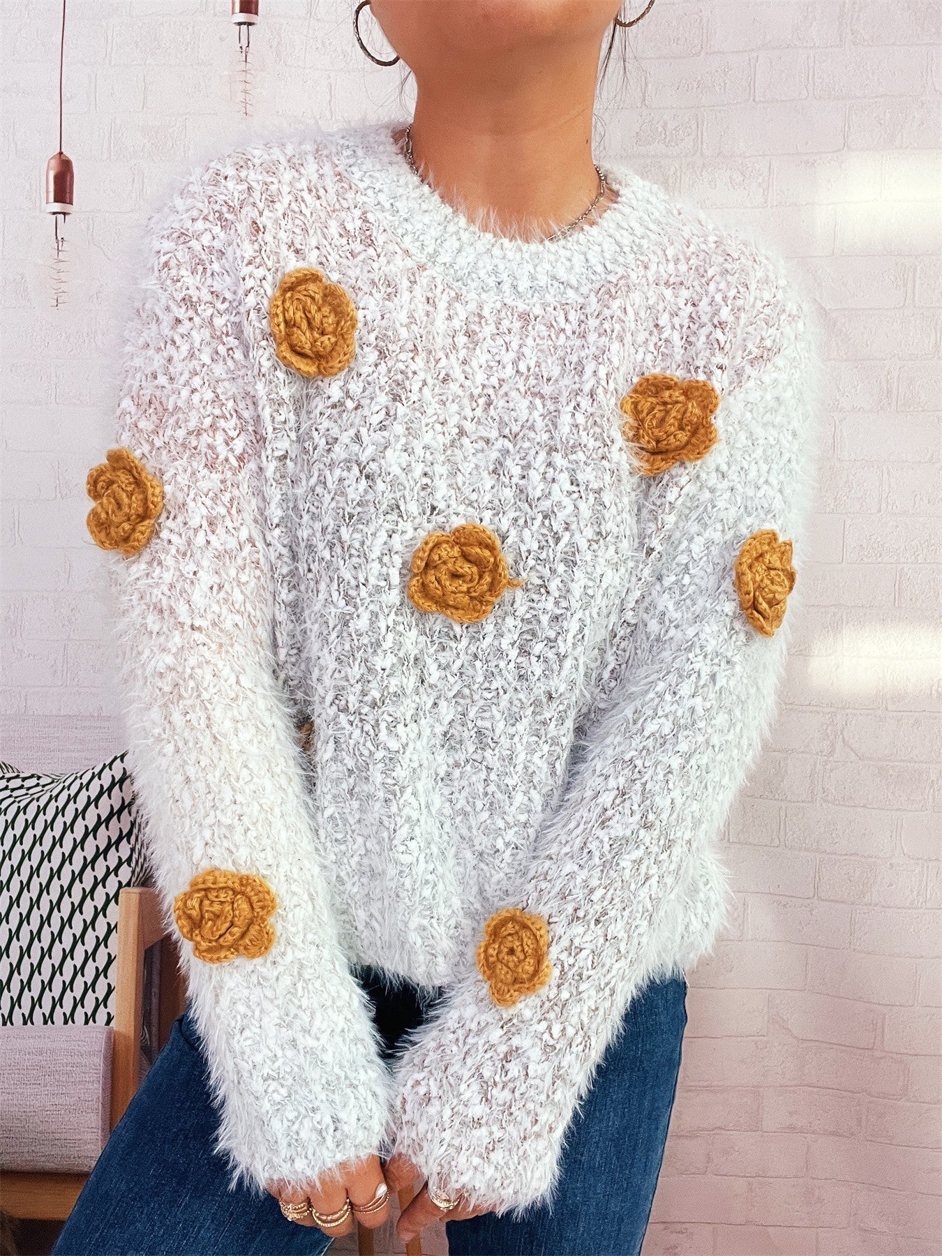 Street-Wave Cozy Fluffy Knit Sweater With Flower Appliques For Women Soft Gradient Yarn Warmth