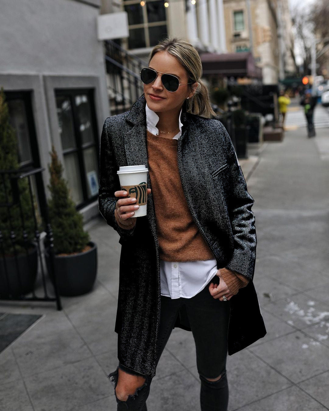 Street-wave Long Wool Coat For Women With Button Closure Structured Herringbone Design