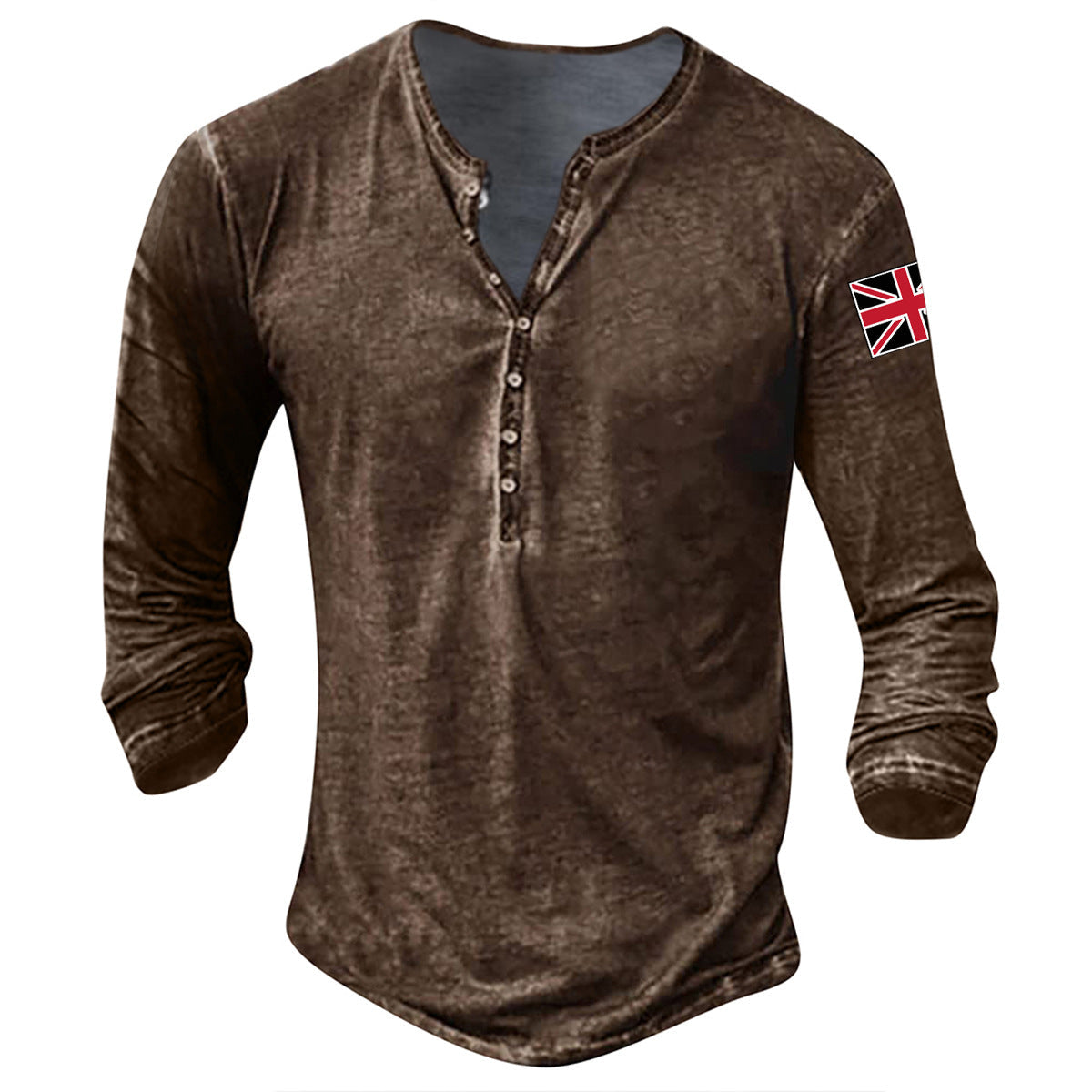 Streetwave Men's Long Sleeve Henley Shirt With Button Placket Union Jack Flag Patch