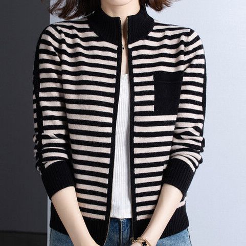 Street-wave Womens Knit Cardigan With Stand Collar And Zip Striped Cozy Layer For Women