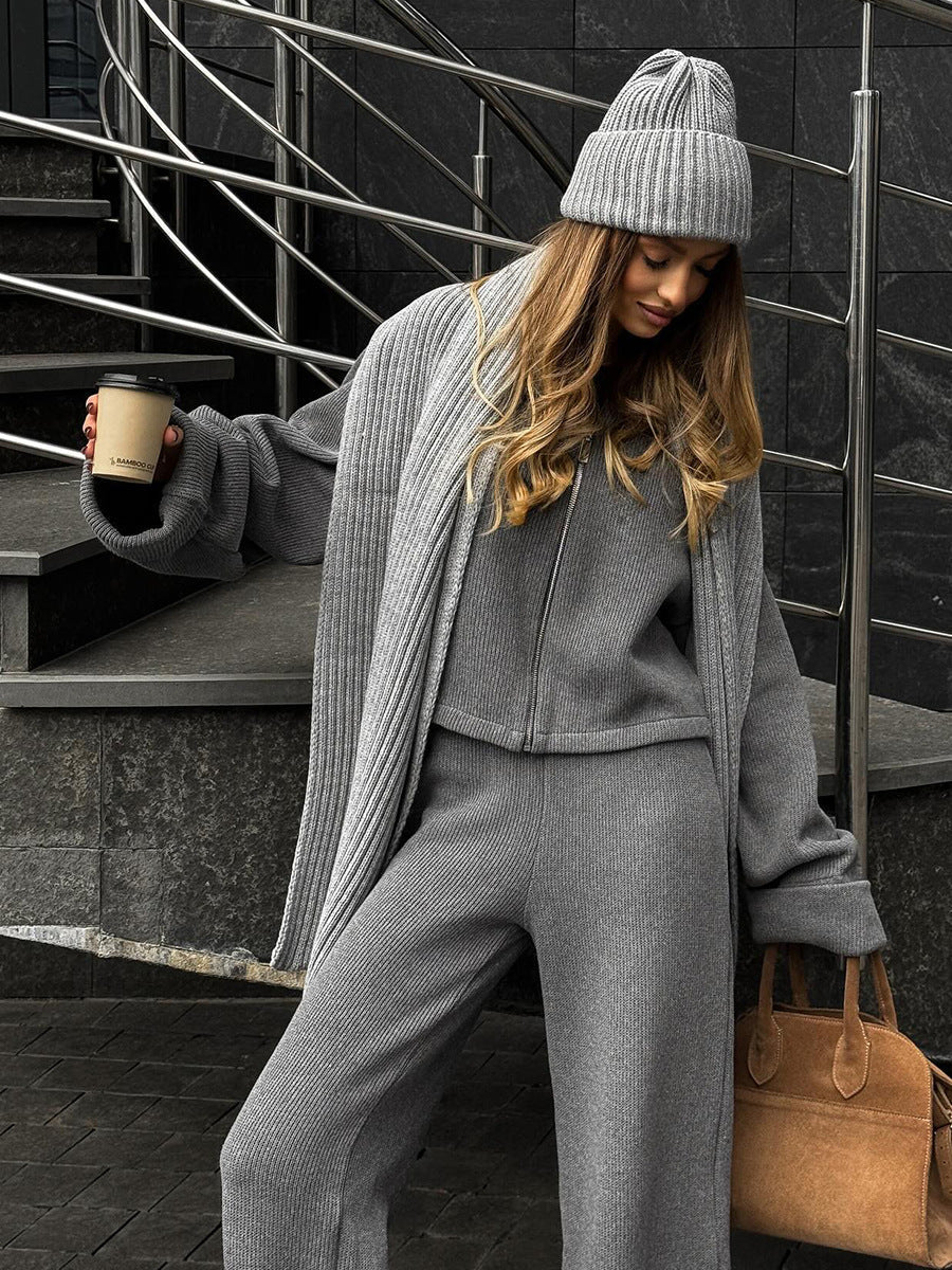 Street-Wave Knit Zip Front Jacket And Wide Leg Pants Set For Women Cozy Chic All Day Wear