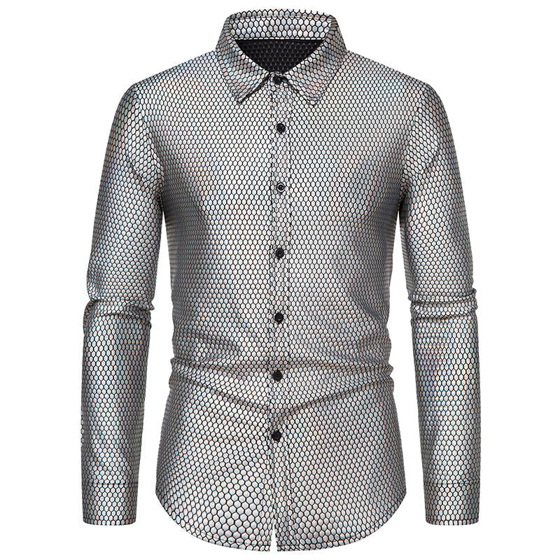 Street-wave Men's Glossy Honeycomb Pattern Dress Shirt Luxe Shine for Standout Occasions