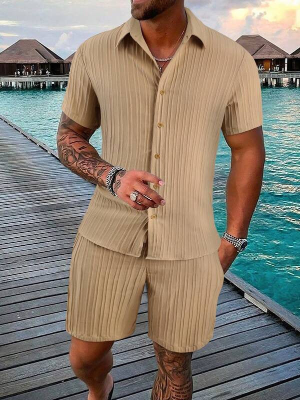Street-Wave Mens Casual Cotton-Blend Shirt And Shorts Set Relaxed Fit Summer