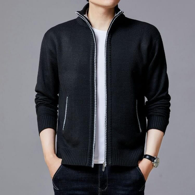 Streetwave Mens Knit Cardigan With Modern Zipper And High Collar For Stylish Transitional Wear