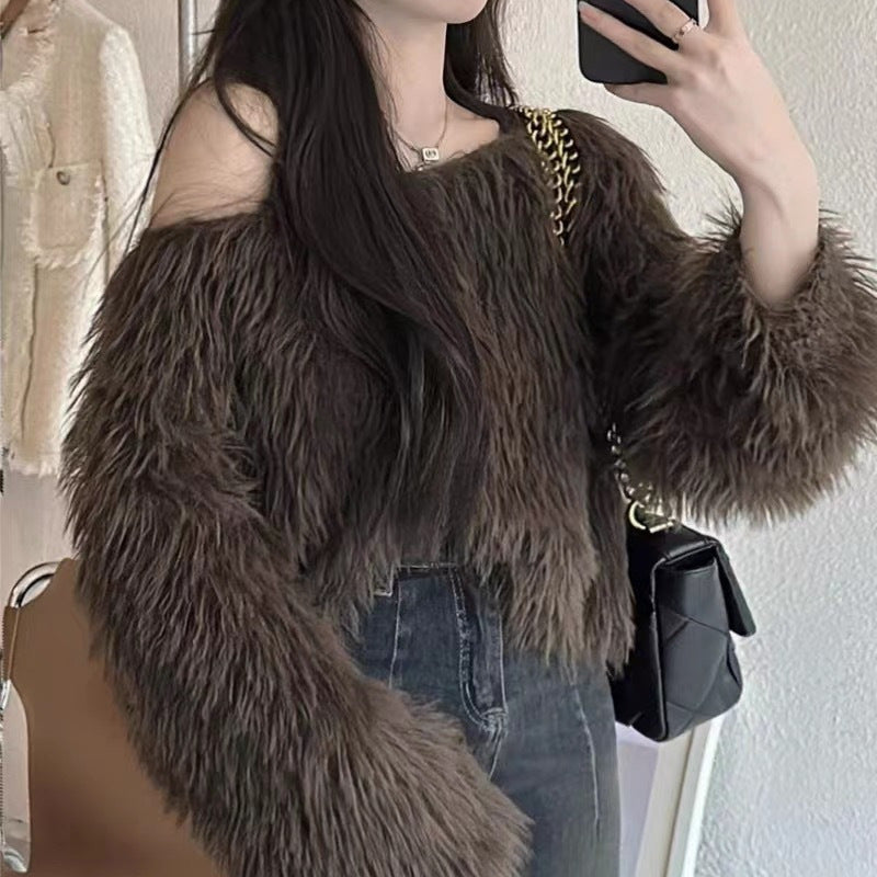 Street Wave Womens Cropped Pullover With Fluffy Texture And Off Shoulder Design For Fashion Forward Women