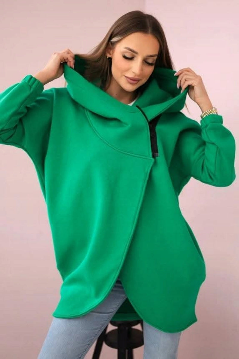 Street-wave Asymmetrical Zip Fleece Hoodie Jacket For Women, Cozy Warmth, Trendy Streetwear