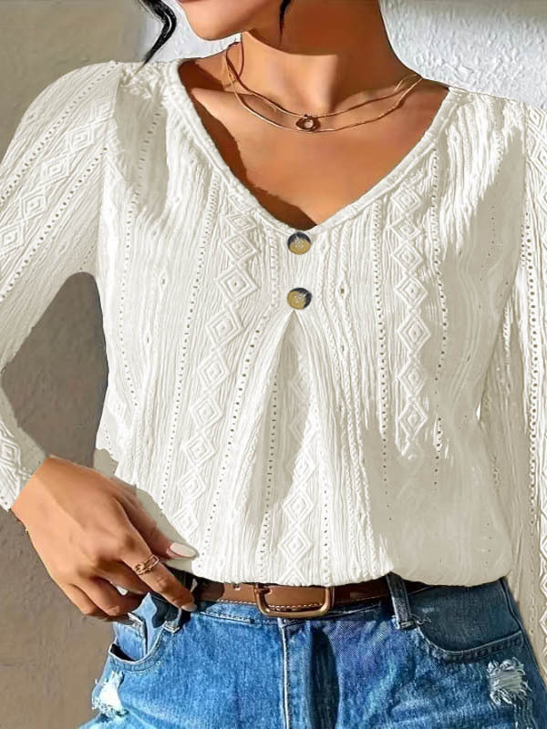 Street-wave Button-Detail Long Sleeve Top For Women Casual Knit V-Neck Shirt Everyday Wear