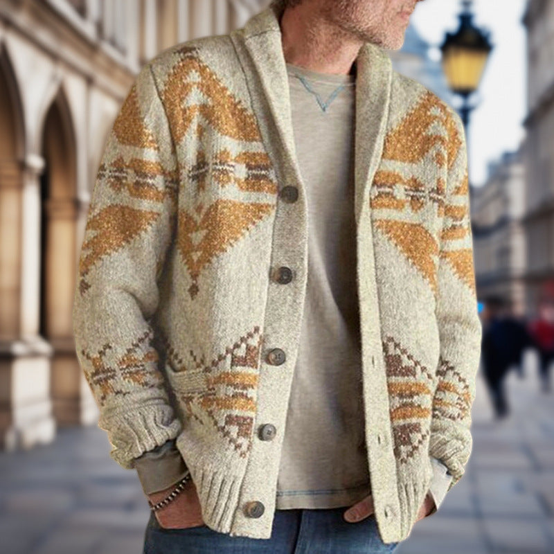Mens Geometric Pattern Cardigan With Soft Warm Lining Streetwave Cozy Winter Knit