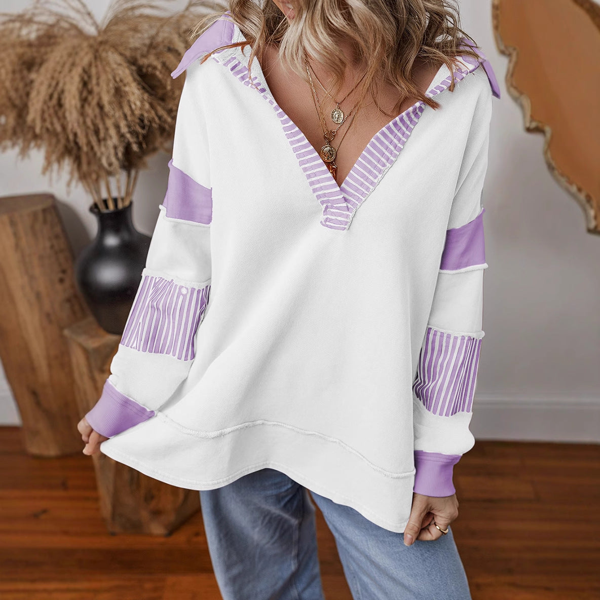 Street-wave Women Shirt Collar Pullover With Striped Sleeves Cotton Comfort Chic Casual Everyday Essential Relaxed Fit
