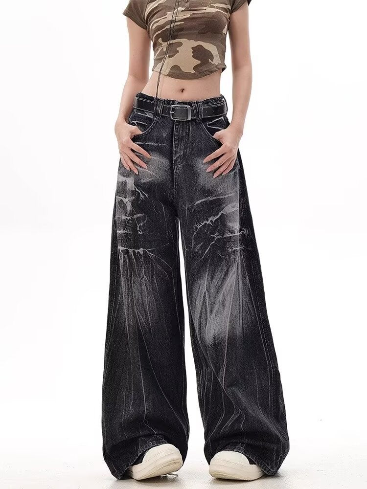 Street-wave Women Wide-Leg Denim Jeans With High Waist And Distressed Used Look Streetwear