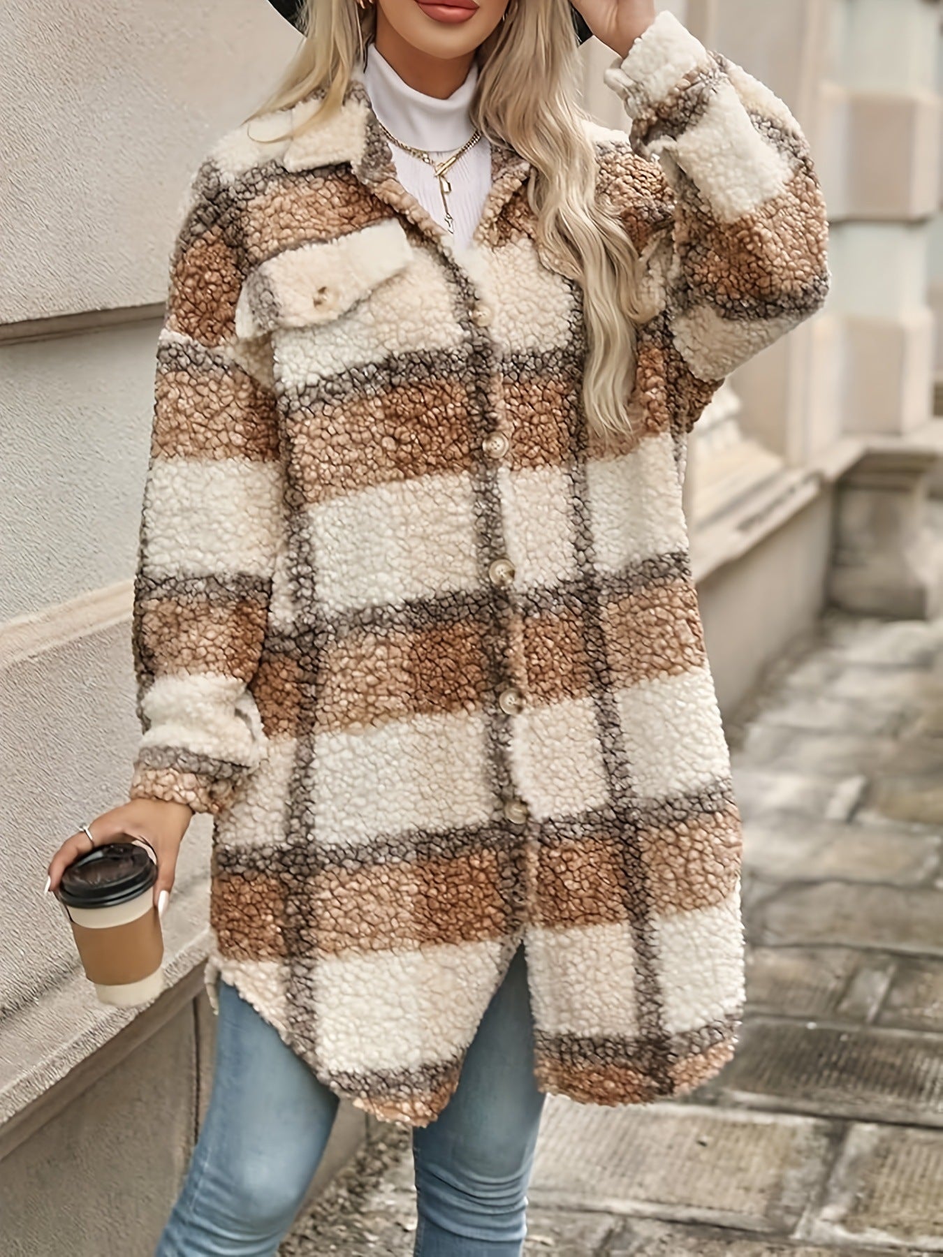 Street-Wave Womens Oversized Shirt Jacket With Plush Sherpa Texture For Cozy Everyday Street Style