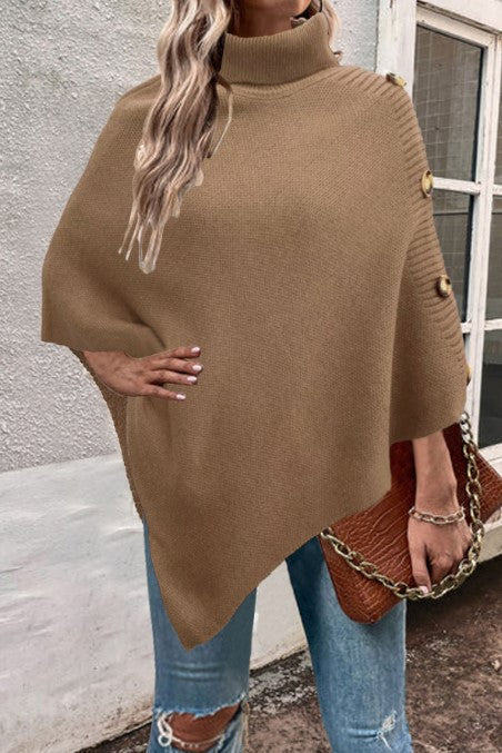 Women's Knit Poncho With High Collar And Button Details By Street-wave Cozy Chic For Women