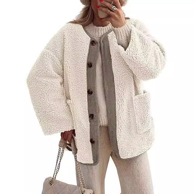 Street-Wave Cozy Teddy Jacket For Women With Color-Matched Collar Warm Plush Comfort