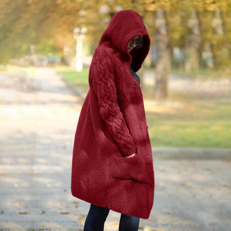 Street-wave Women Knit Cardigan Coat With Hood Cozy Cable Knit Button Front Pockets Chic Everyday