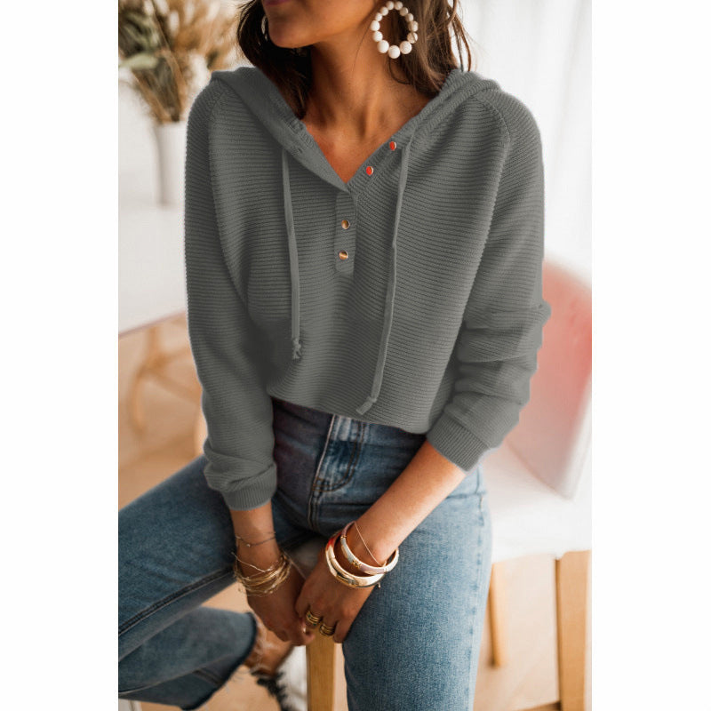 Streetwave Womens Hooded Pullover With Button Front And High Collar Soft Knit Fabric For All Day Comfort